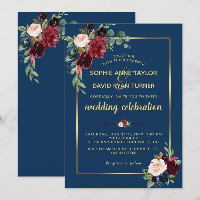 Invitation Burgundy Navy Blue Floral Golden Frame Mariage (Devant / Derrière)
