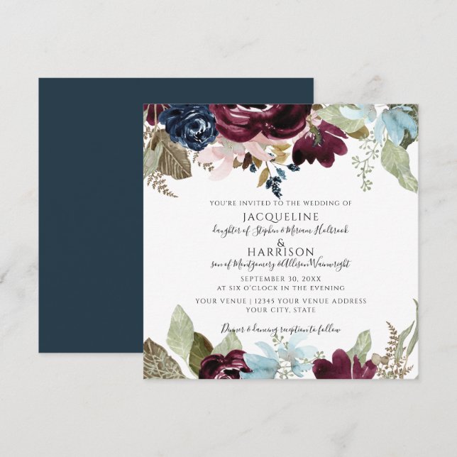 Invitation Burgundy Navy Blush Floral Elegant Foliant Mariage (Devant / Derrière)