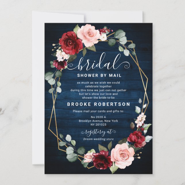Invitation Burgundy Navy Blush Floral Fête des mariées géomét (Devant)