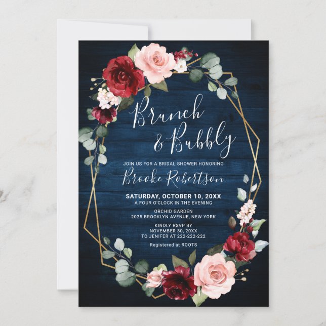 Invitation Burgundy Navy Blush Floral Fête des mariées géomét (Devant)