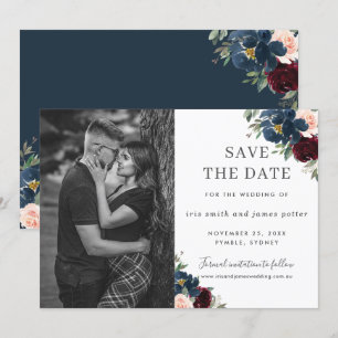 Invitation Burgundy Navy Blush Floral Photo Enregistrer la da