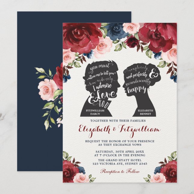 Invitation Burgundy Navy Blush Floral Pride Préjudice Mariage (Devant / Derrière)