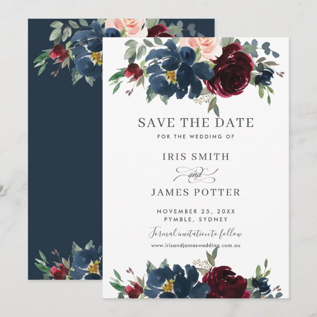 Invitation Burgundy Navy Blush Floral Wedding Enregistrer la  (Devant / Derrière)