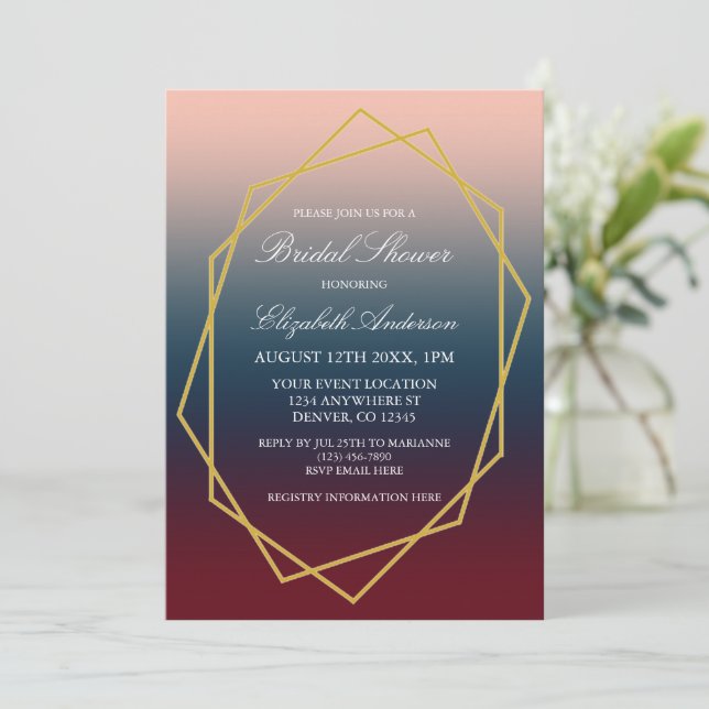 Invitation Burgundy Navy Blush Ombre Fête des mariées géométr (Debout devant)