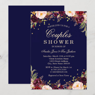 Invitation Burgundy Navy Elégant Floral Couples Douche