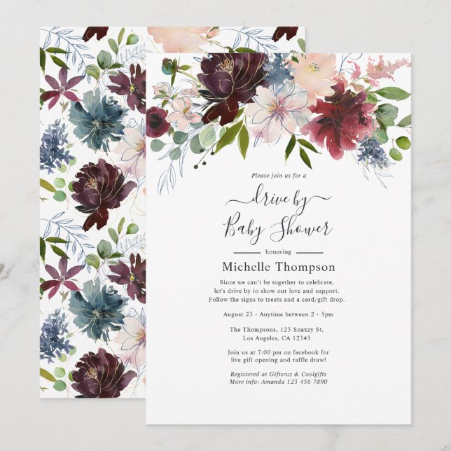 Invitation Burgundy, Navy et Blush Floral Drive par douche (Devant / Derrière)