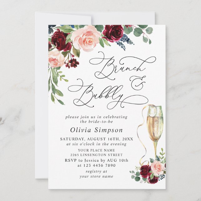 Invitation Burgundy Navy Eucalyptus Roses Brunch & Bubbly (Devant)