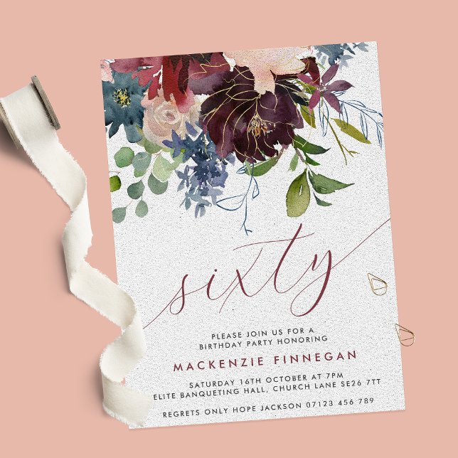 Invitation Burgundy & Navy Floral 60ème Script Anniversaire (Créateur téléchargé)