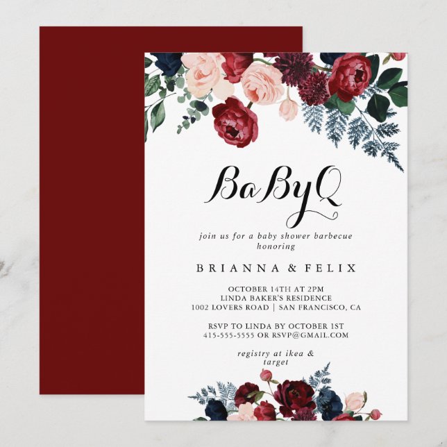 Invitation Burgundy Navy Floral BabyQ Baby shower Barbecue (Devant / Derrière)