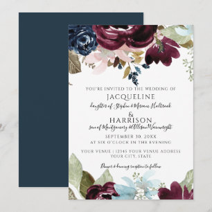 Invitation Burgundy Navy Floral Elegant Fall Foliing Mariage