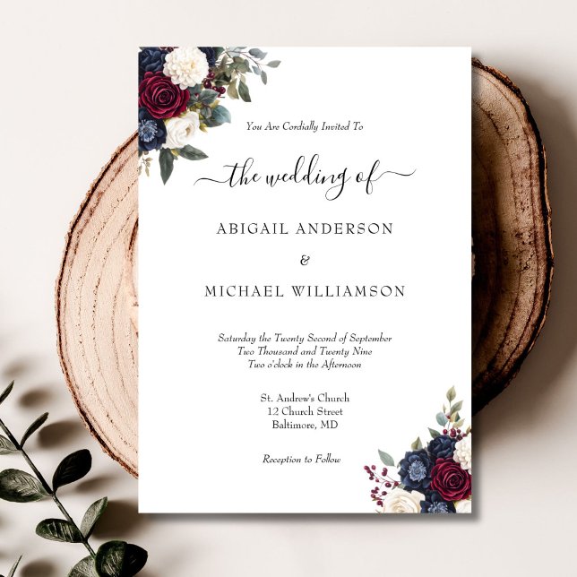 Invitation Burgundy Navy Floral Élégant Mariage de script off (Burgundy Navy Floral Elegant Traditional Script font Wedding Invitation)