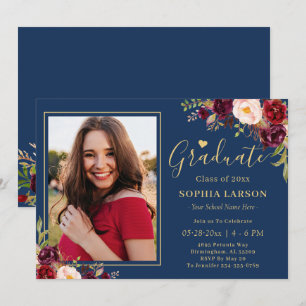Invitation Burgundy Navy Floral Photo Célébration