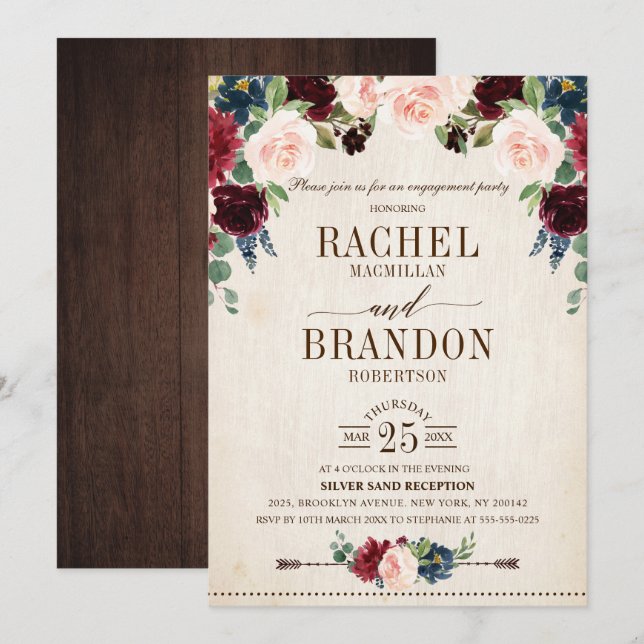 Invitation Burgundy Navy Floral Russe Boho Engagement Party (Devant / Derrière)