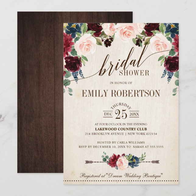 Invitation Burgundy Navy Floral Rustic Boho Fête des mariées (Devant / Derrière)