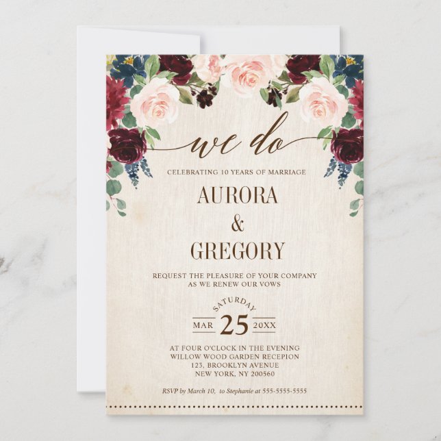 Invitation Burgundy Navy Floral Rustic Pays Nous faisons (Devant)