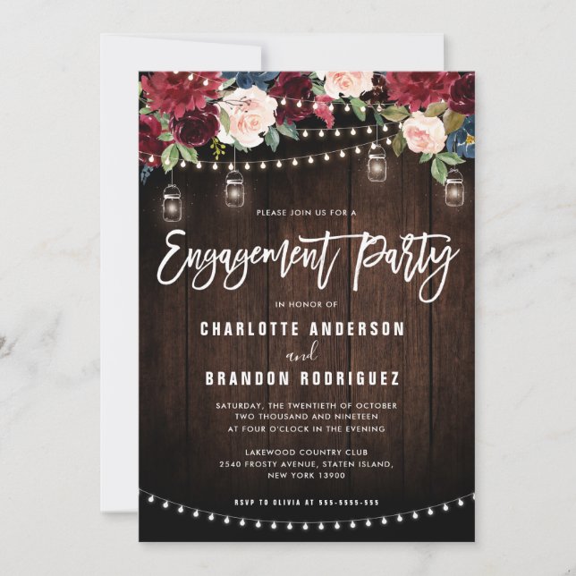 Invitation Burgundy Navy Floral String Light Engagement (Devant)