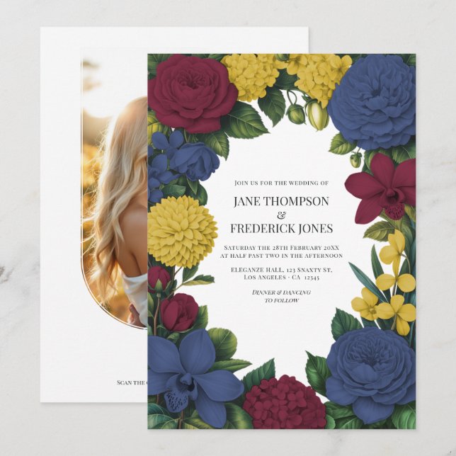 Invitation Burgundy, Navy & Gold Floral Wedding (Devant / Derrière)