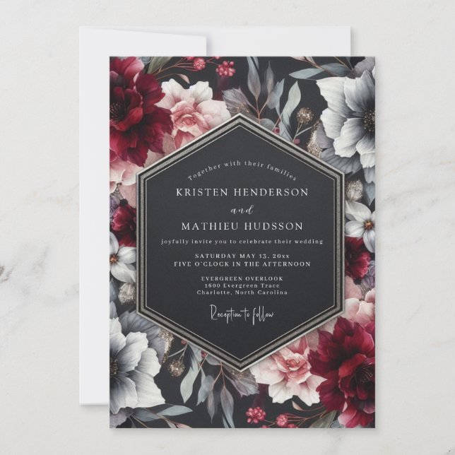 Invitation Burgundy Noir Floral Wedding (Devant)