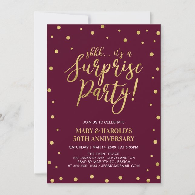 Invitation Burgundy & Or 50e anniversaire de mariage surprise (Devant)