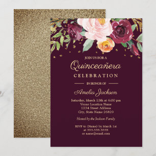 Invitation Burgundy Or Floral Glitter Quinceanera