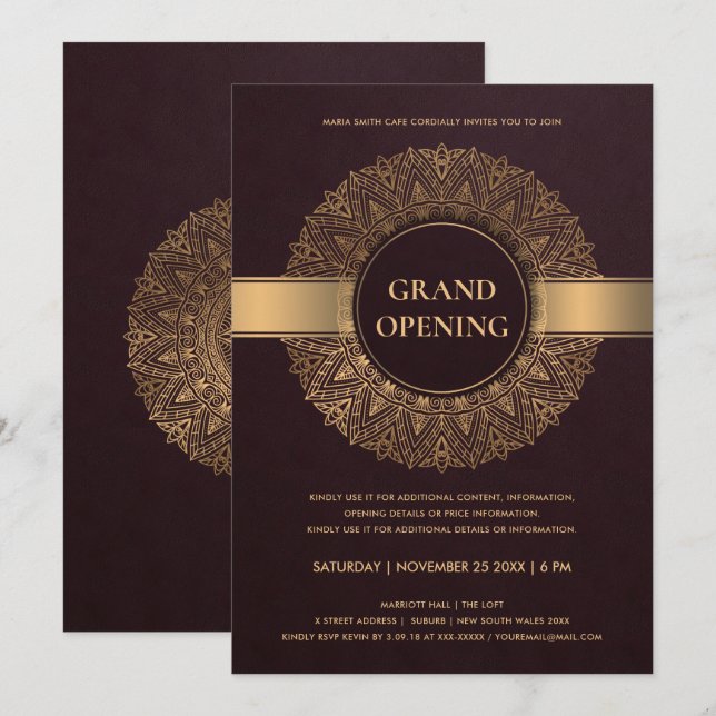 INVITATION BURGUNDY OR ORNATE CLASSIQUE MANDALA GRAND OUVERTU (Devant / Derrière)