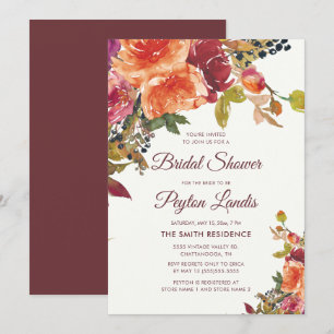 Invitation Burgundy Orange Blue Floral Feuille Fête des marié