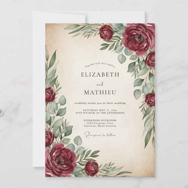 Invitation Burgundy Painterly Vintage Wedding (Devant)