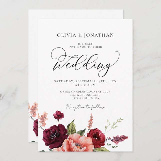 Invitation Burgundy Peach All in 1 Budget QR Code Mariage (Devant / Derrière)