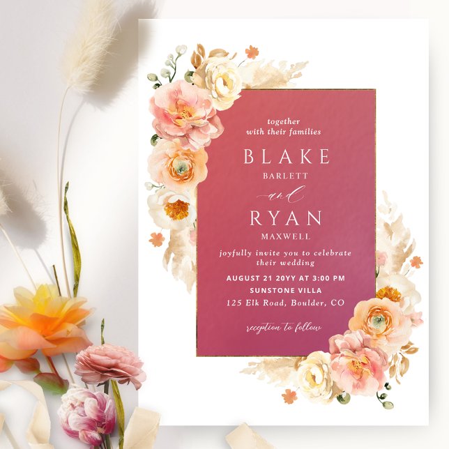 Invitation Burgundy Peach Blush et crème Floral Chic Mariage (Créateur téléchargé)