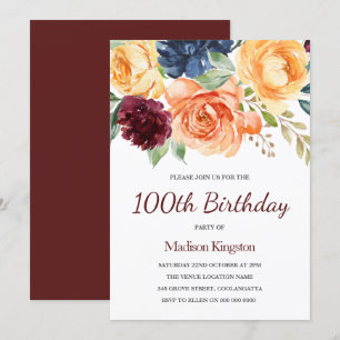Invitation Burgundy Peach Navy Floral 100e Anniversaire