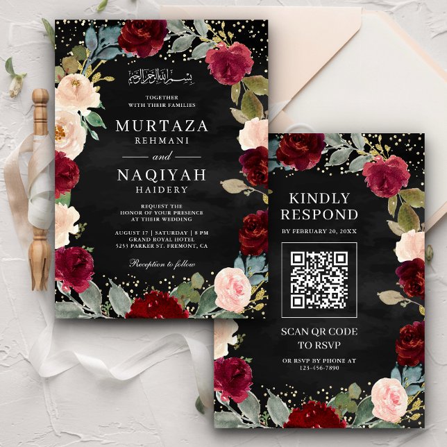 Invitation Burgundy Pêche Floral QR Code Black Muslim Mariage (Créateur téléchargé)