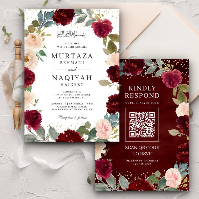 Invitation Burgundy Pêcher Floral QR Code Mariage musulman (Créateur téléchargé)