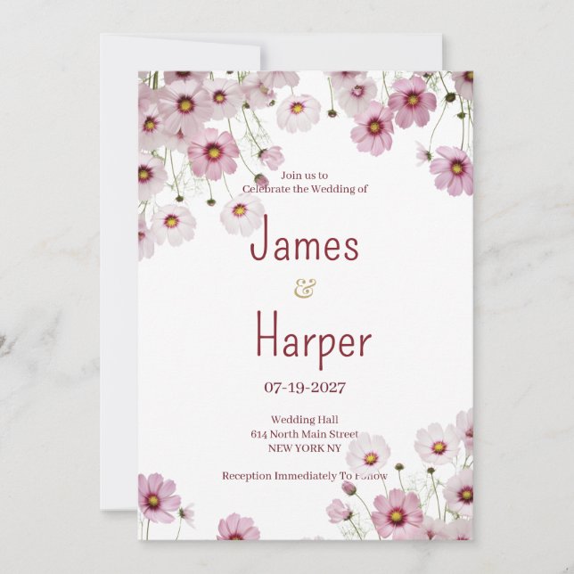 Invitation Burgundy pink blossom cosmos flower Wedding (Devant)