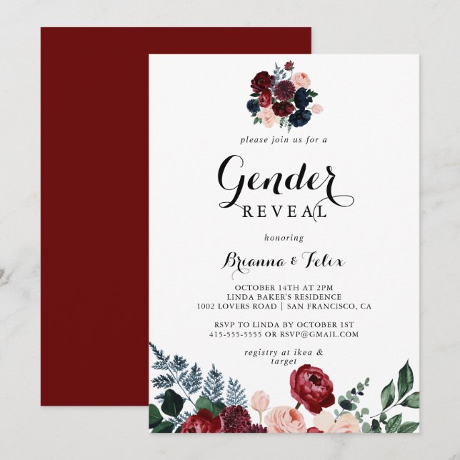 Invitation Burgundy Pink Navy Floral Genre Revevela Party (Devant / Derrière)