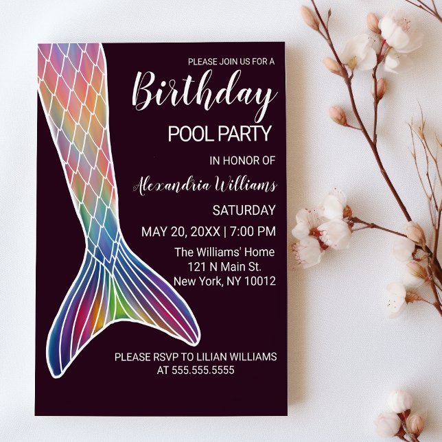 Invitation Burgundy Pink Purple Mermaid Piscine à queue Anniv (Burgundy Pink Purple Mermaid Tail Pool Birthday)