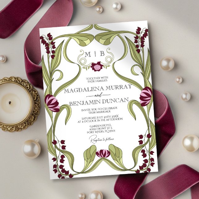 Invitation Burgundy Pink Vintage Art Nouveau Floral Wedding (Créateur téléchargé)
