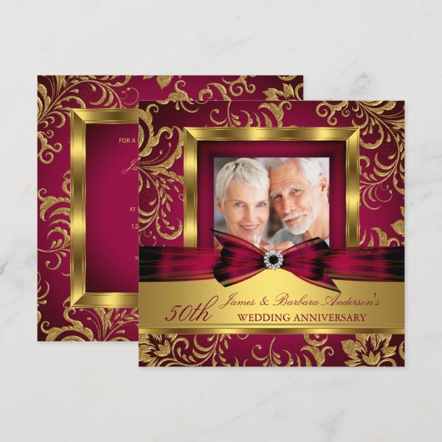 Invitation Burgundy Plum Or Photo 50e Anniversaire de Mariage (Devant / Derrière)