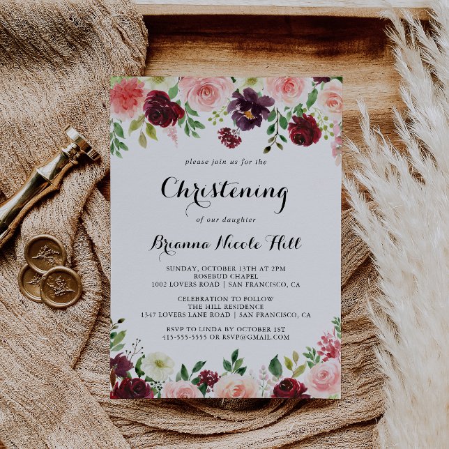 Invitation Burgundy Printemps Floral Calligraphie Christening (Créateur téléchargé)