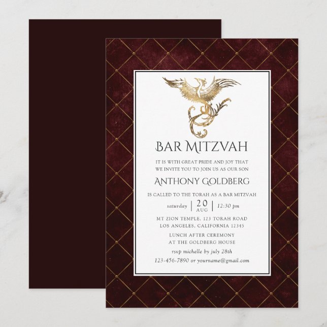 Invitation Burgundy profonde et Dragon d'or thème Bar Mitzvah (Devant / Derrière)