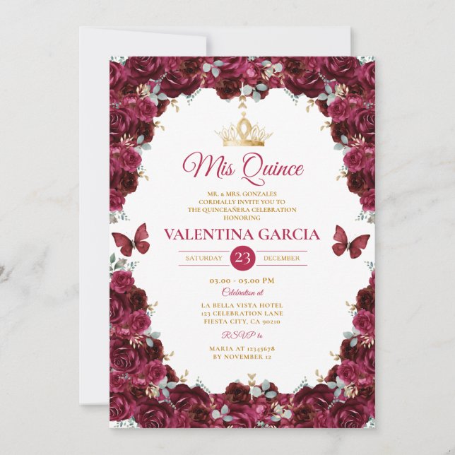 Invitation Burgundy Quinceañera 15 Anos Flowers Gold Crown (Devant)