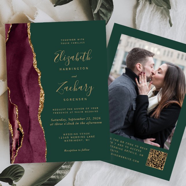 Invitation Burgundy Red Agate Green Photo QR Code Wedding (Créateur téléchargé)
