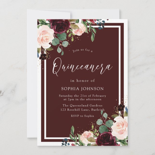 Invitation Burgundy Red & Blush Floral Quinceanera Party (Devant)