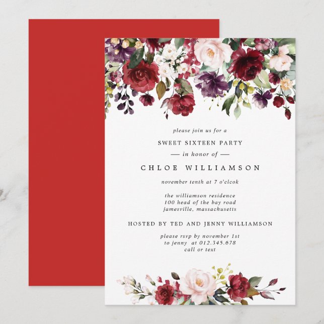 Invitation Burgundy Red Blush Rose Floral Sweet sixteen Party (Devant / Derrière)