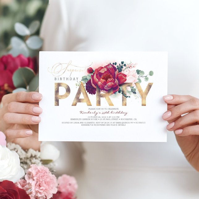 Invitation Burgundy Red et Navy Blue Floral Surprise Party (Adult Surprise Birthday Party Invitation for Woman)