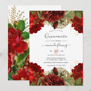 Invitation Burgundy Red et Or Roses Vintage Quinceañera à l'i