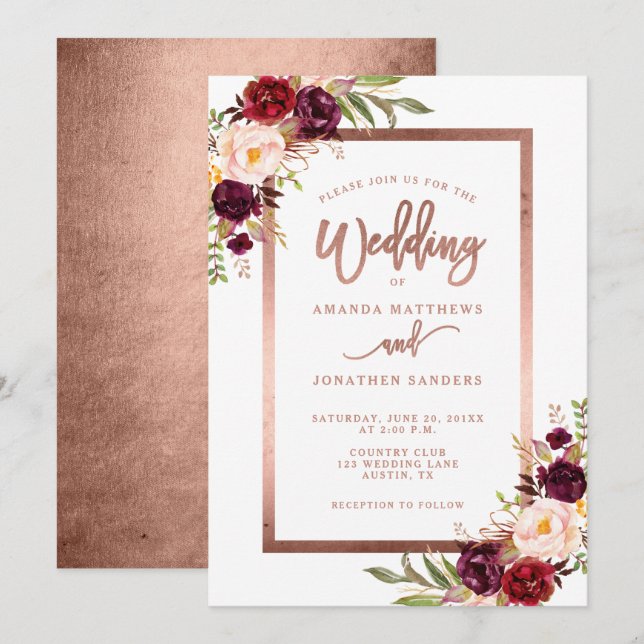 Invitation Burgundy Red Floral Rose Gold Script Mariage (Devant / Derrière)
