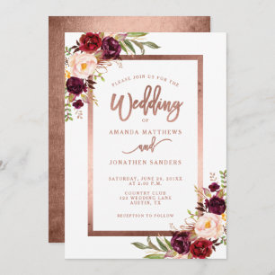 Invitation Burgundy Red Floral Rose Gold Script Mariage