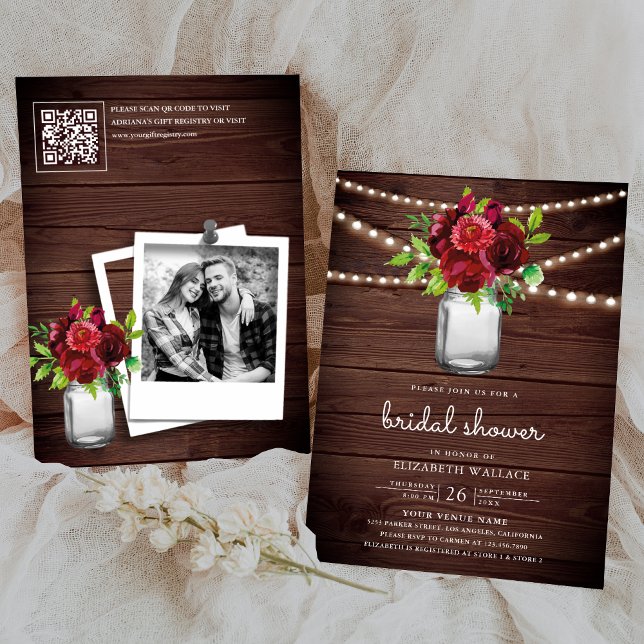 Invitation Burgundy Red Floral Wood QR Code Fête des mariées (Créateur téléchargé)