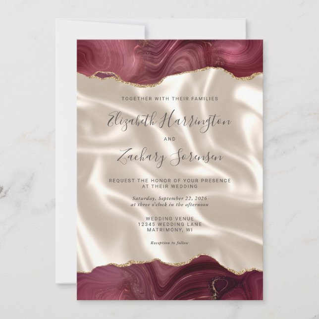 Invitation Burgundy Red Gold Agate Ivory Silk QR Code Mariage (Devant)