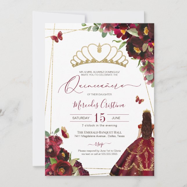 Invitation Burgundy Red Gold Butflies Quince Anniversaire (Devant)